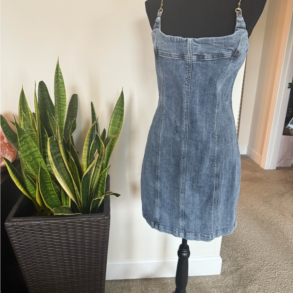Bebe Denim Mini Dress with Chain Straps
